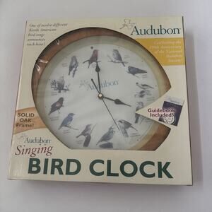 Vintage Audubon Society Singing Bird Hanging Wall Sound Clock Oak Wood Frame NOS